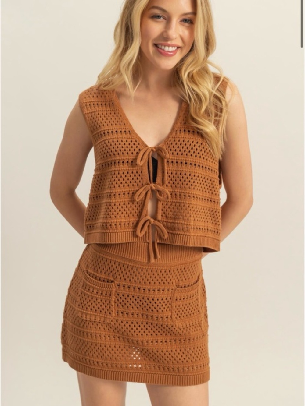 NWT Crochet Tie-Front Coverup Set in Warm Tan - Medium